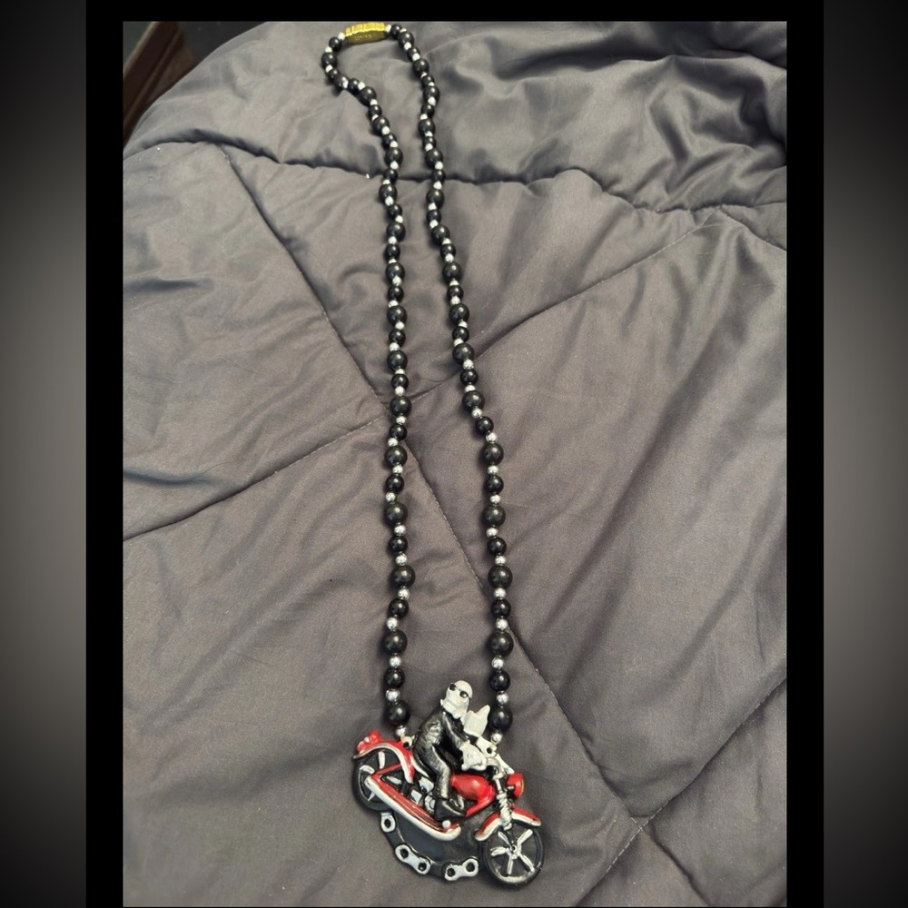 Black Beaded Mardi Gras Beads Necklace with Motorcycle Pendant